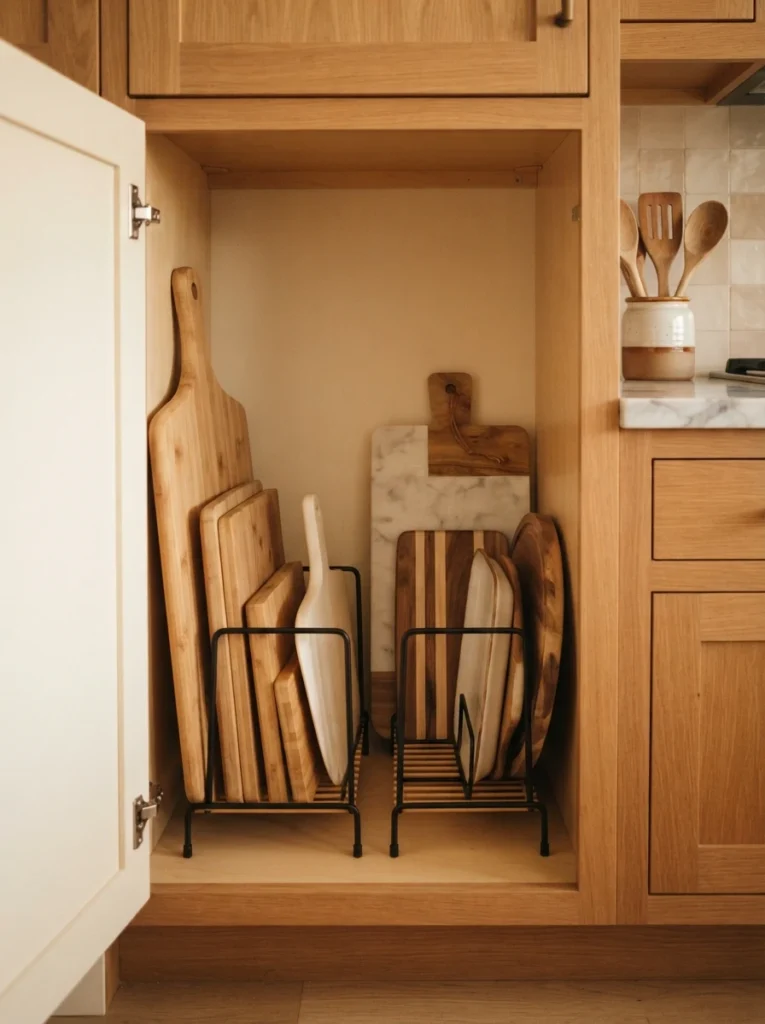 Freestanding dividers inside a cabinet holding cutting boards and trays upright, warm kitchen lighting, vertical Pinterest photography, warm upright styling.