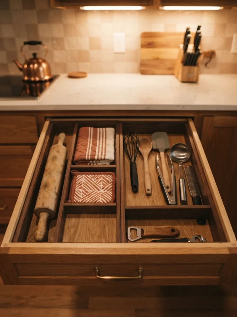 Custom expandable dividers inside a drawer creating narrow and wide compartments for a rolling pin, hot pads, and other bulky tools, warm kitchen lighting, vertical Pinterest photography, warm custom-fit styling.