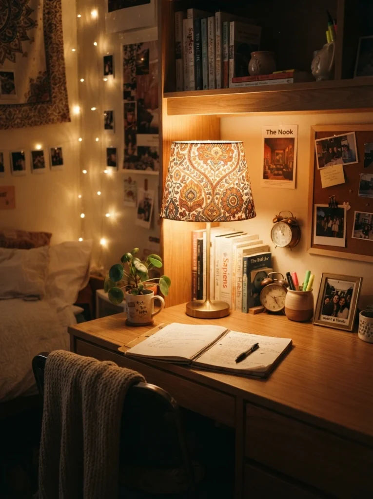 A small plug-in rattan pendant light hanging in a dorm room, warm glowing statement piece, cozy compact styling, evening ambiance, vertical Pinterest photography, warm boho tones.