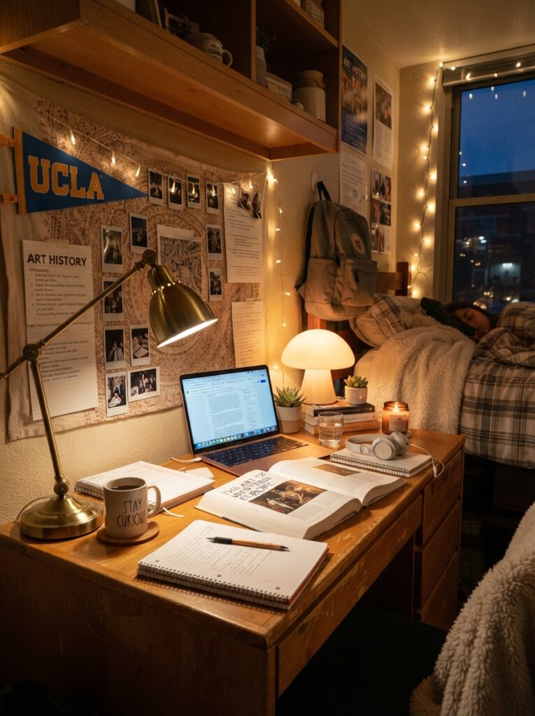 A dorm desk with a bright task lamp for studying and a softer accent light glowing nearby, layered lighting options, cozy compact room, evening ambiance, vertical Pinterest photography, warm functional layering.