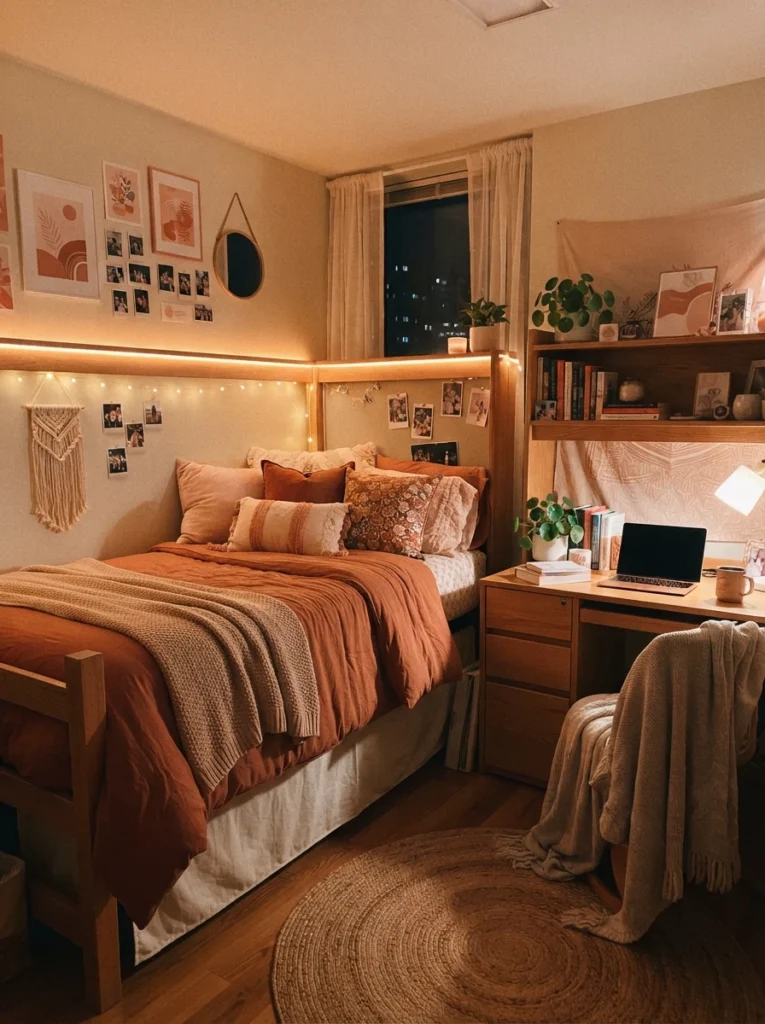 A dorm room with LED strip lighting color-matched to the room's bedding and decor palette, cohesive warm styling, evening ambiance, vertical Pinterest photography, warm coordinated tones.