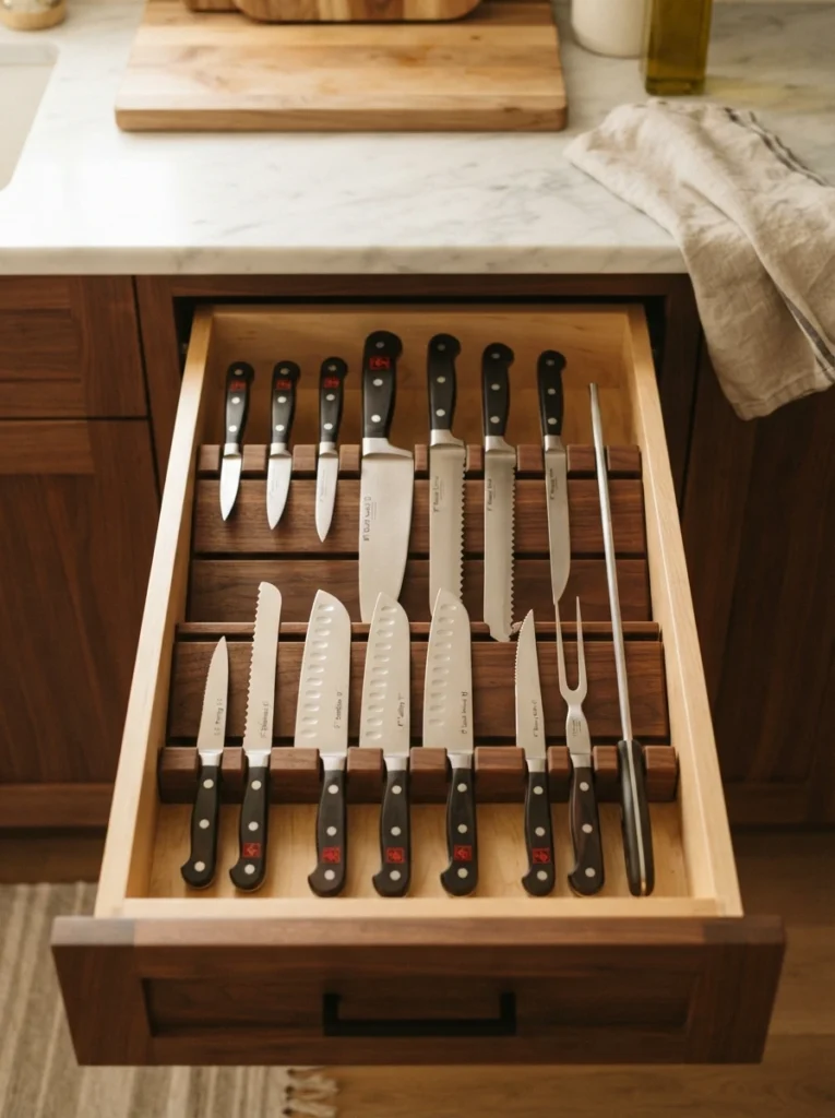 A double-tier in-drawer knife block holding knives in two rows, front and back, warm kitchen lighting, vertical Pinterest photography, warm high-capacity styling.