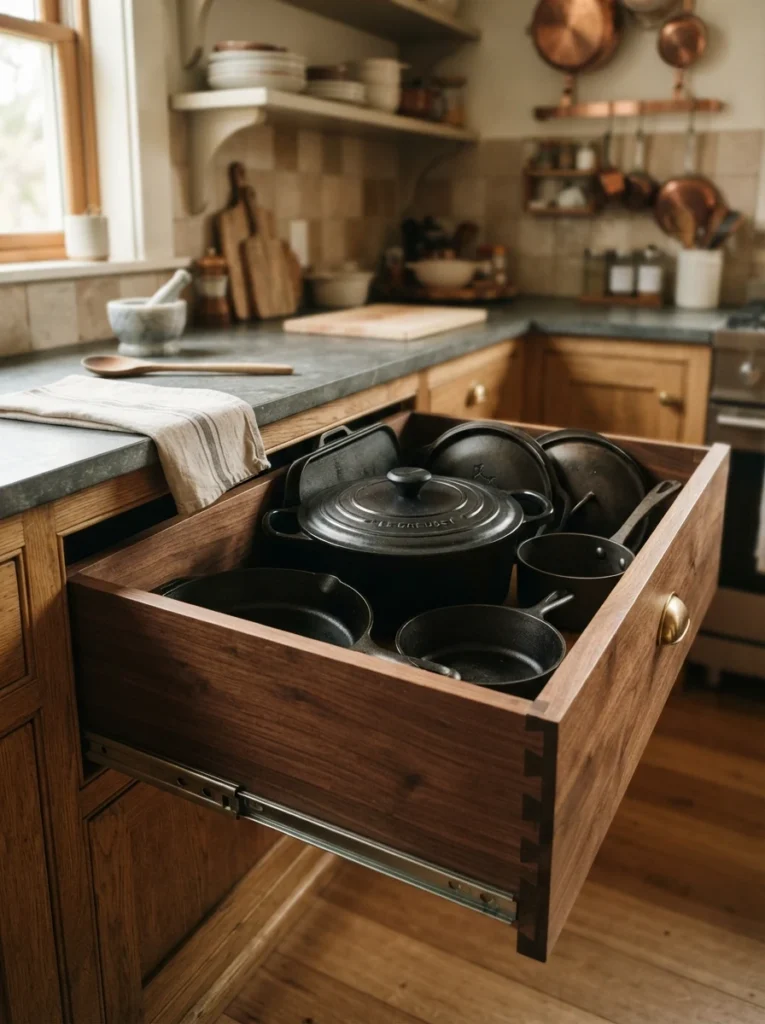 A deep dovetail drawer fully extended, holding heavy cast iron pots and a Dutch oven, warm kitchen lighting, vertical Pinterest photography, warm heavy-duty styling.