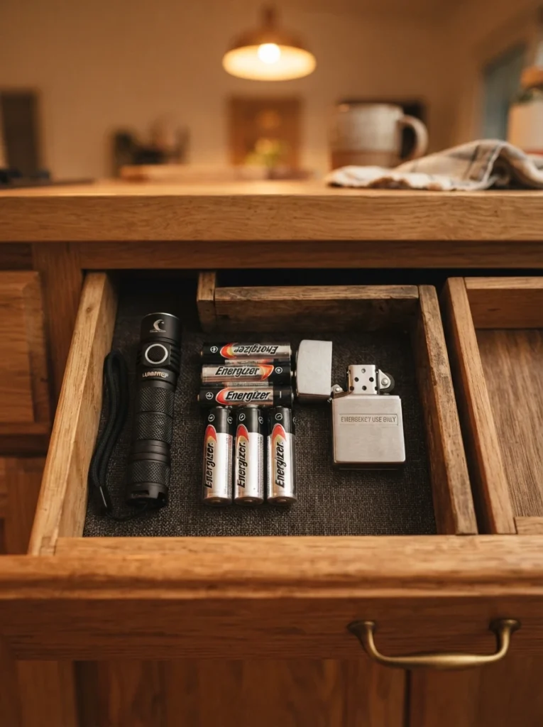 A small notepad and pen kept in a designated spot inside a kitchen drawer, warm kitchen lighting, vertical Pinterest photography, warm consistency-focused styling.