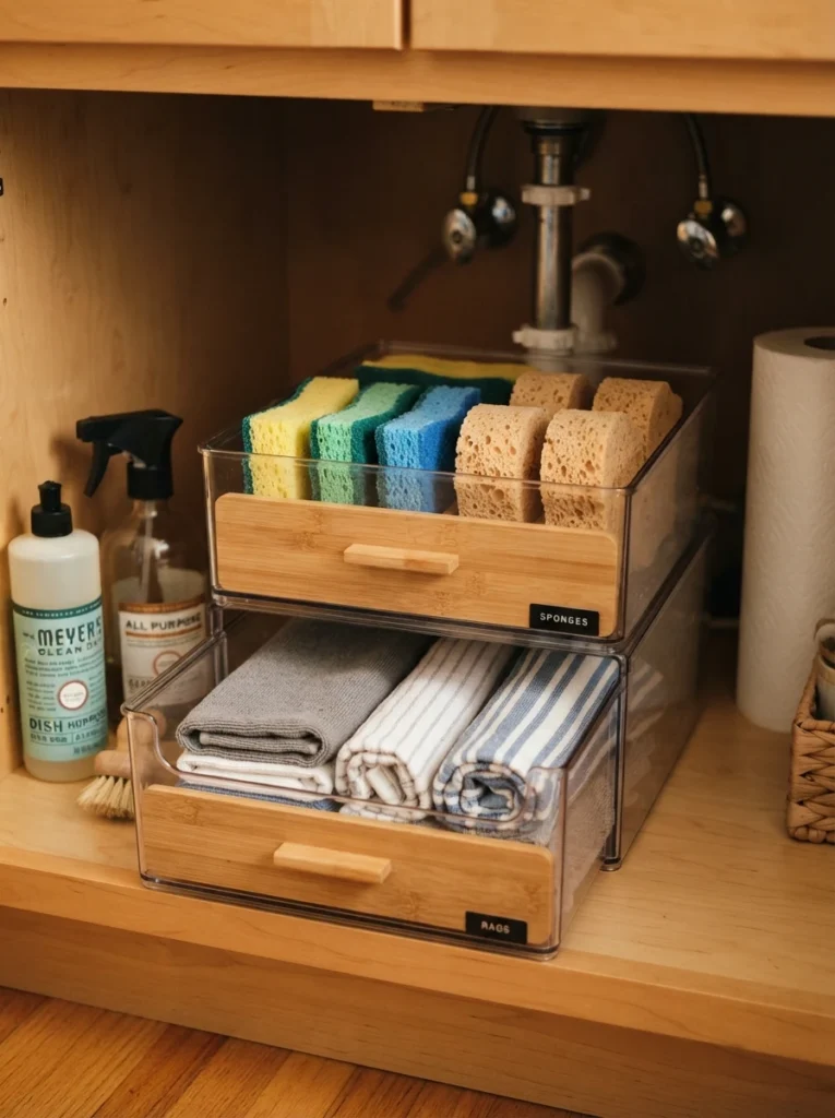 A stackable drawer holding sponges and rags separately inside an under-sink cabinet, warm kitchen lighting, vertical Pinterest photography, warm separated styling.
