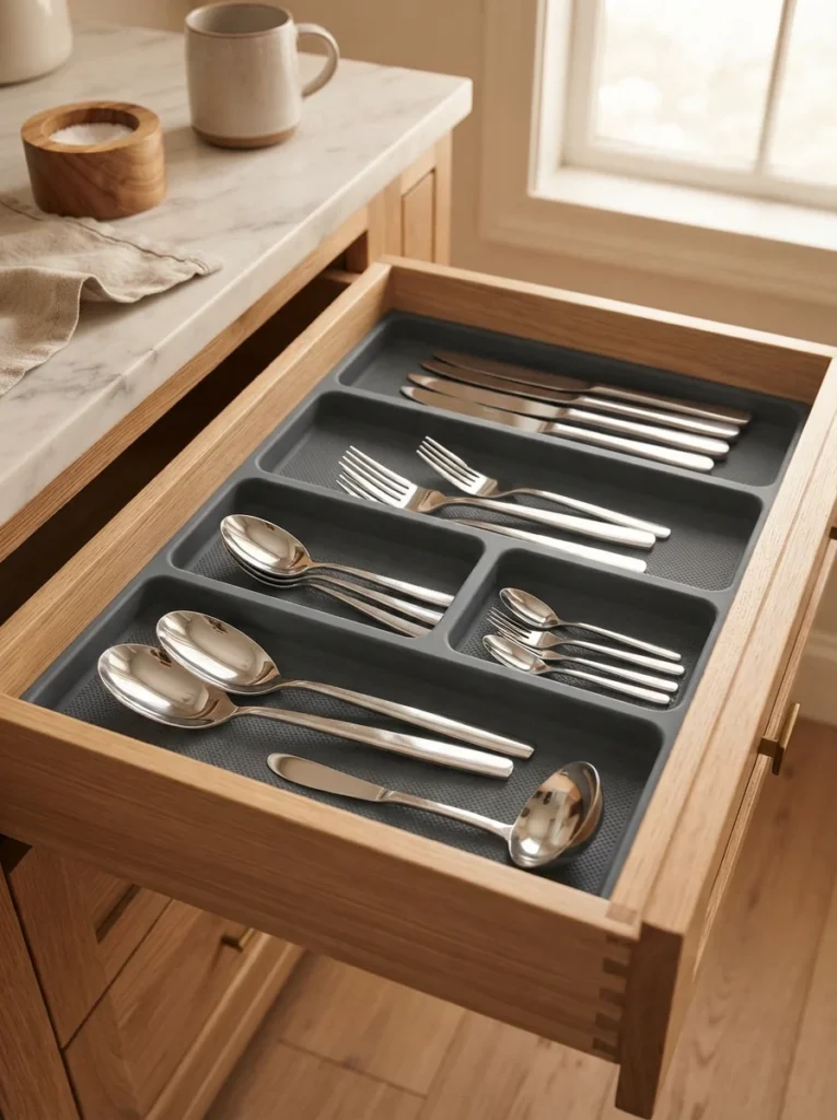 A non-slip drawer mat with molded utensil sections inside a kitchen drawer, flatware neatly organized, warm lighting, vertical Pinterest photography, warm protective styling.