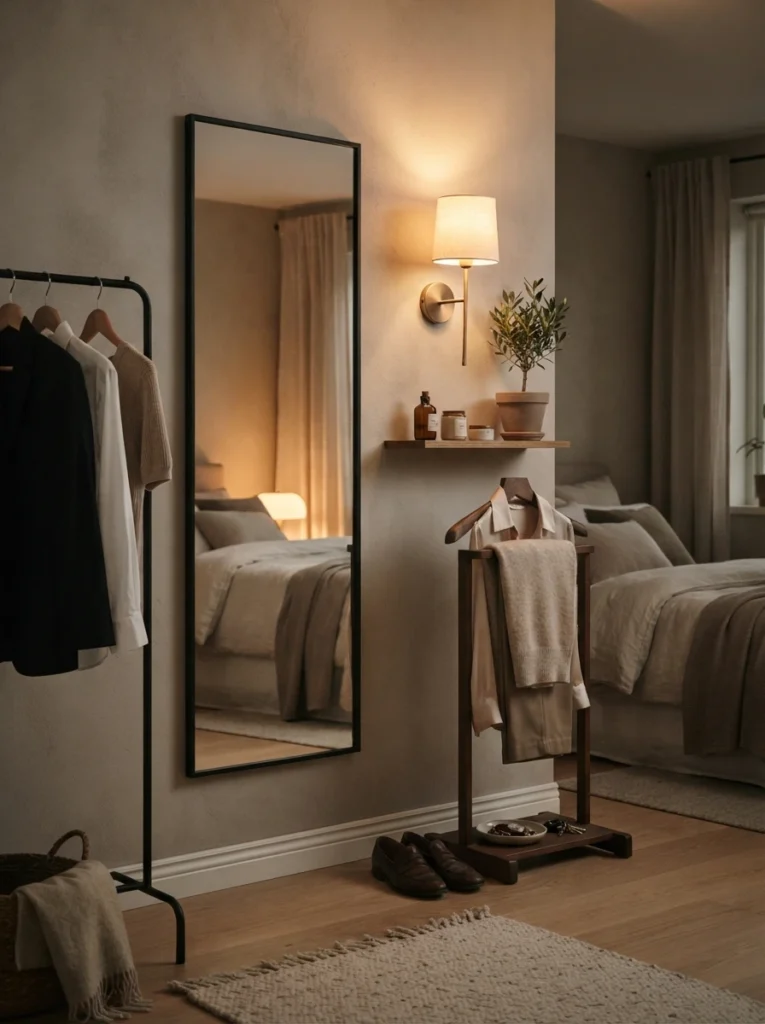A small dressing corner in a bedroom with a full-length mirror and a single warm wall sconce beside it, soft even glow for getting dressed, minimalist hotel-style styling, evening ambiance, vertical Pinterest photography, warm intimate lighting.