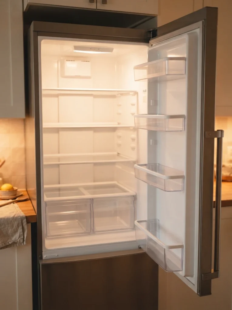 An empty refrigerator with shelves wiped clean, ready for organizing, warm kitchen lighting, vertical Pinterest photography, warm reset styling.