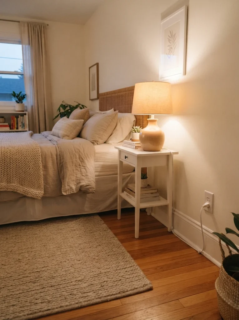 A slim white extension cord running discreetly along a bedroom baseboard from a wall outlet to a lamp across the room, warm ambient lighting, neutral cozy bedroom styling, minimal cord visibility, vertical Pinterest interior photography, warm inviting tones.