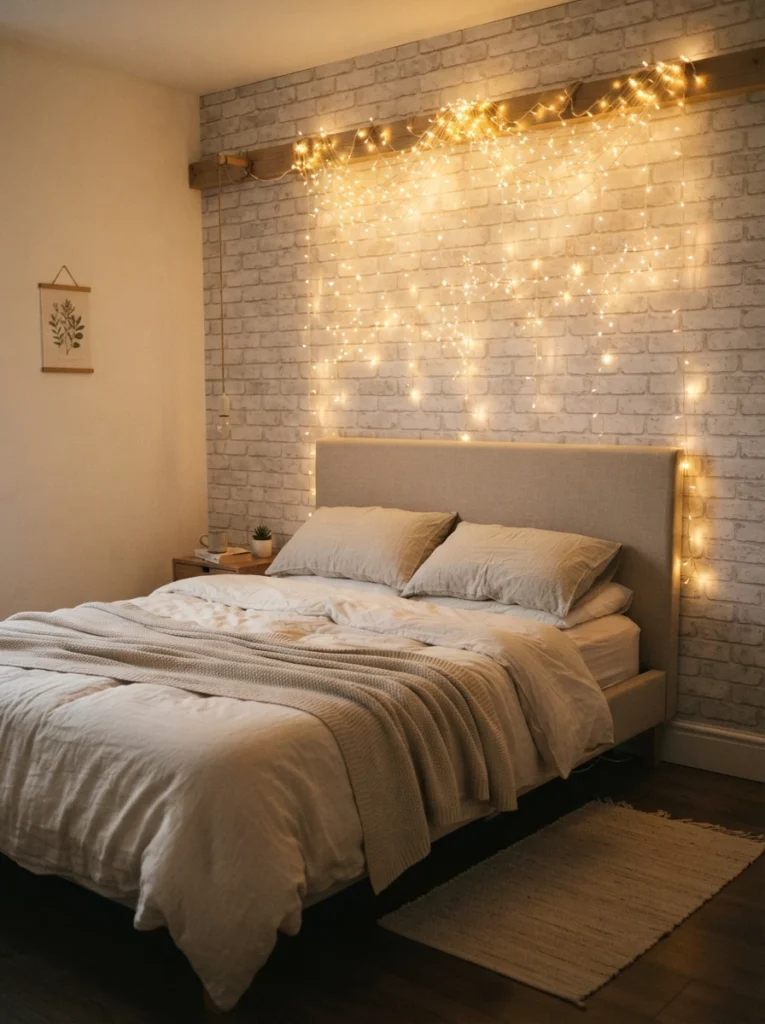 A single well-styled fairy light installation above a bed as the room's clear focal point, rest of the bedroom kept simple and uncluttered, cozy evening glow, vertical Pinterest photography, warm intentional styling.