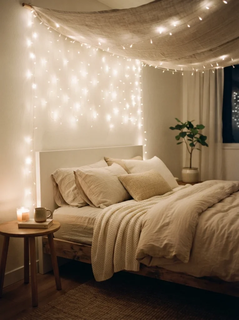 Warm fairy lights glowing softly above a bed with no visible battery pack or cord, clean minimalist styling, cozy neutral bedding, evening ambiance, vertical Pinterest photography, warm seamless detail.