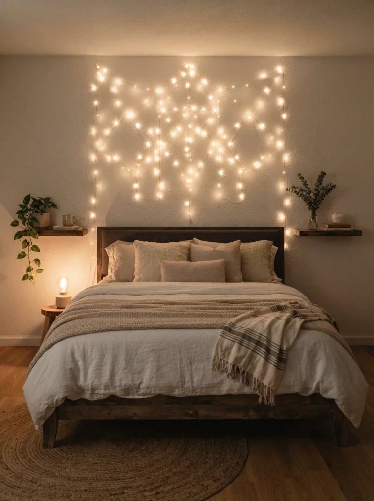 A symmetrical geometric pattern of warm fairy lights arranged above a bed, clean intentional design, cozy neutral bedding, evening ambiance, vertical Pinterest photography, warm modern styling.