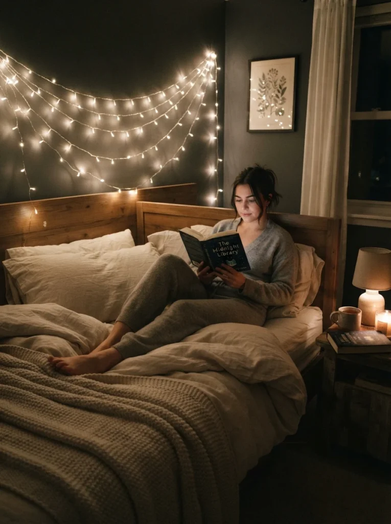 Dimmed warm fairy lights glowing softly above a bed during an evening wind-down routine, cozy relaxed atmosphere, neutral bedding, calm nighttime mood, vertical Pinterest photography, warm intimate tones.