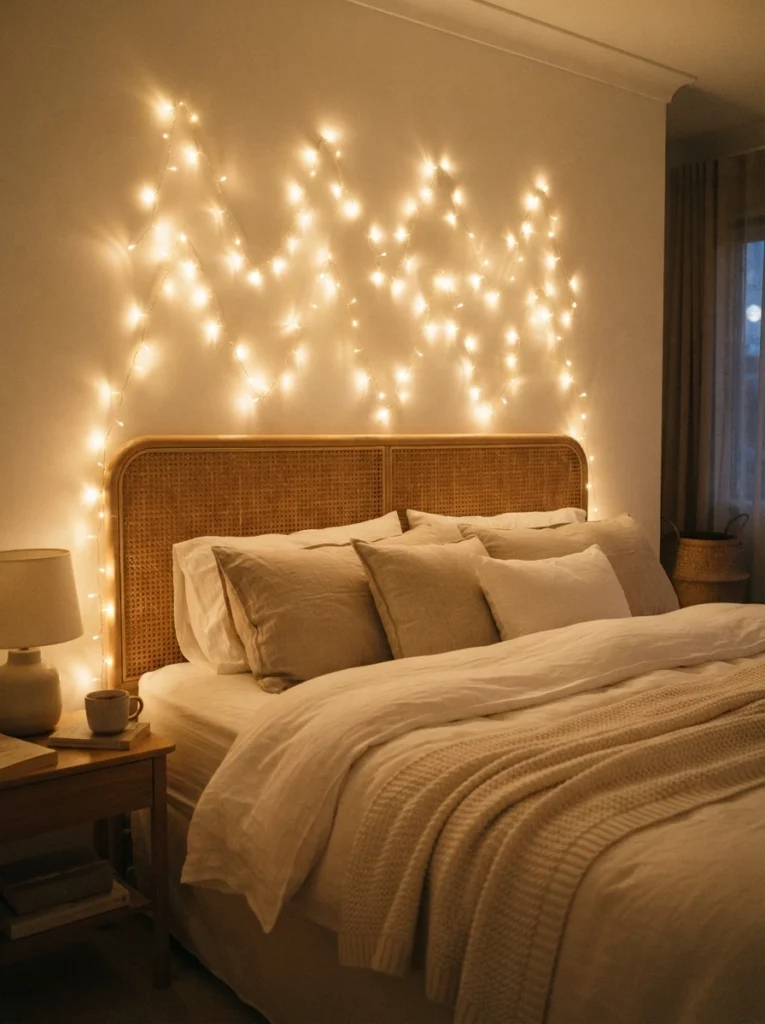 Warm fairy lights woven in a neat zigzag pattern above a bed headboard, soft golden glow, crisp neutral bedding below, cozy evening atmosphere, vertical Pinterest photography, warm intentional styling.