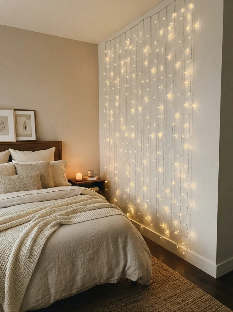 A soft cascading curtain of warm fairy lights hanging along a bedroom wall like a light waterfall, clean structured edges, cozy neutral bedding nearby, evening ambiance, vertical Pinterest photography, warm dreamy tones.