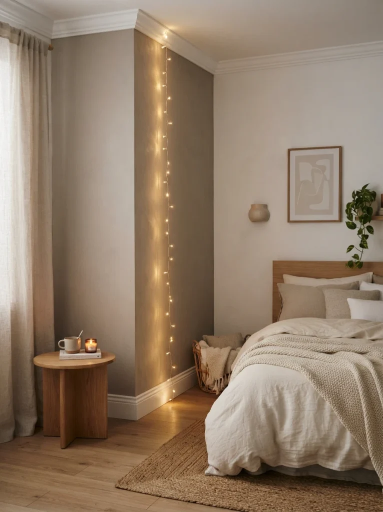 A single vertical line of warm fairy lights running from ceiling to floor in a bedroom corner, clean straight drape, cozy neutral bed nearby, evening ambiance, vertical Pinterest photography, warm minimalist styling.