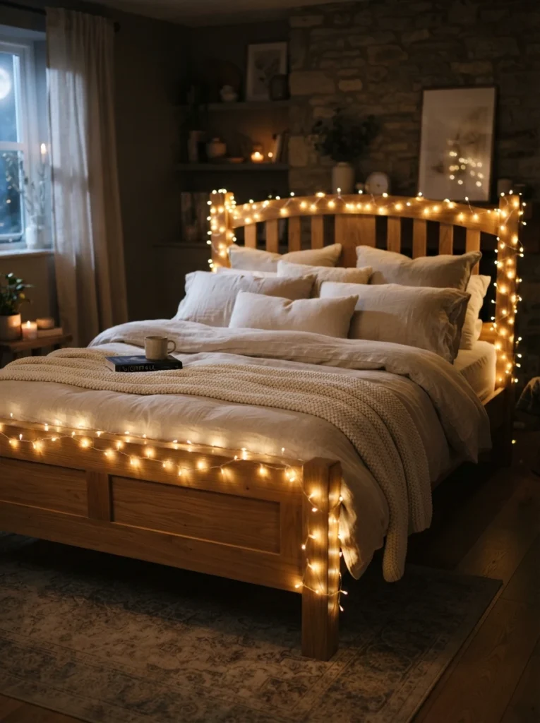 A wooden bed frame wrapped evenly with warm fairy lights along its edges, soft consistent glow, cozy neutral bedding, dreamy evening atmosphere, vertical Pinterest photography, warm romantic tones.