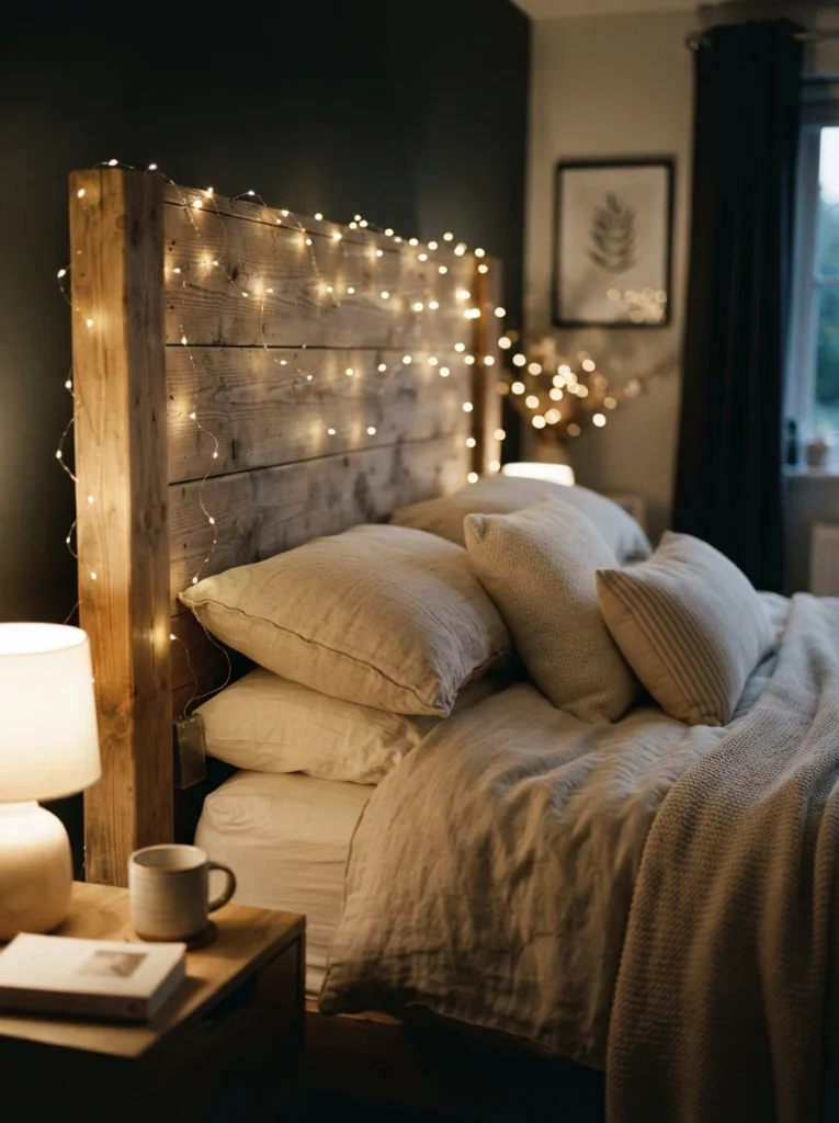 Delicate warm fairy lights draped around a wooden bed headboard, small hidden battery pack tucked behind a pillow, soft twinkling glow against neutral bedding, cozy nighttime bedroom atmosphere, dreamy warm tones, vertical Pinterest photography, shallow depth of field.