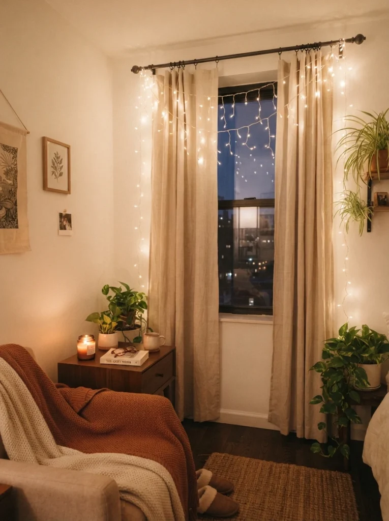A string of warm fairy lights draped over a curtain rod in a small apartment corner, soft twinkling glow, cozy budget-friendly styling, evening ambiance, vertical Pinterest photography, warm inviting tones.