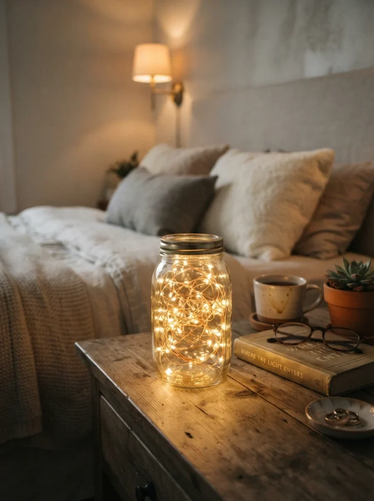 A glass jar filled with warm glowing fairy lights sitting on a bedroom nightstand, soft golden light diffused through the glass, cozy neutral styling, evening ambiance, vertical Pinterest photography, warm intimate detail shot.