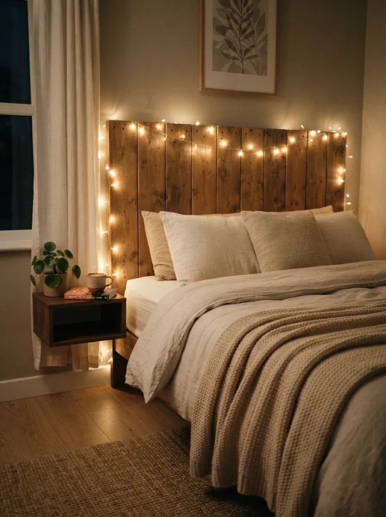 A wooden headboard wrapped evenly with warm fairy lights, soft golden glow against neutral bedding, cozy minimalist bedroom, evening ambiance, vertical Pinterest photography, warm intimate styling.

