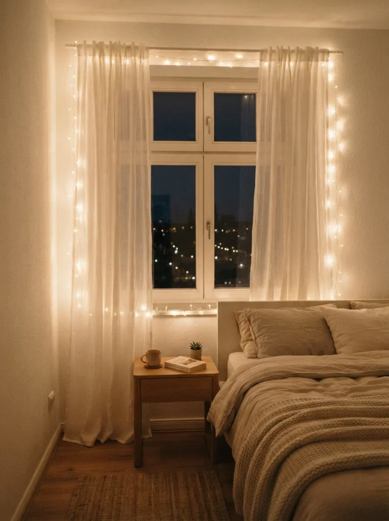 Warm fairy lights outlining a bedroom window frame neatly, soft twinkling glow against sheer curtains, cozy evening atmosphere, minimalist styling, vertical Pinterest photography, warm inviting tones.