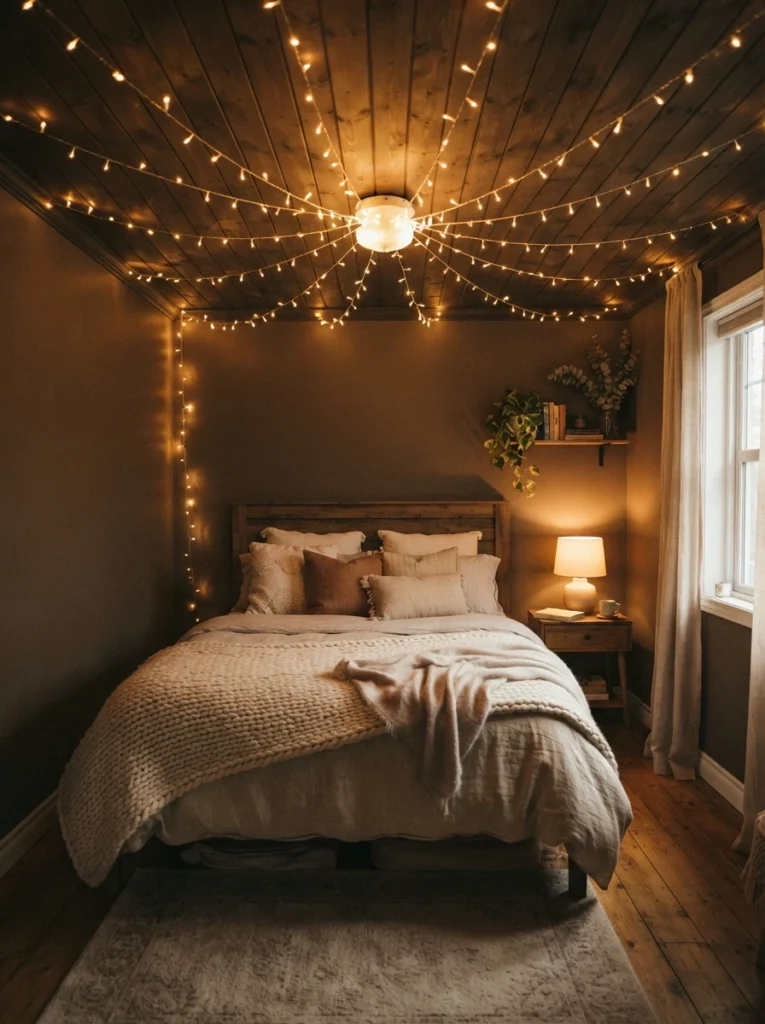A starburst pattern of warm fairy lights radiating from a central ceiling point across a small bedroom, dramatic cozy glow, neutral bed below, evening ambiance, vertical Pinterest photography, warm dramatic styling.