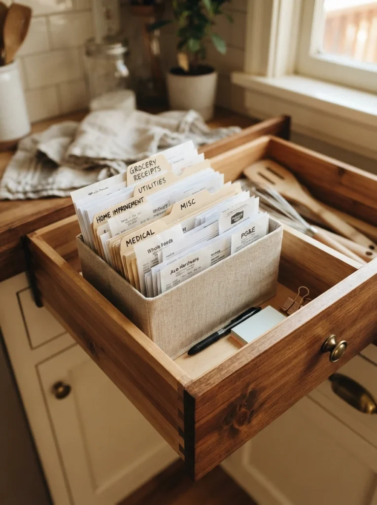 A small section of a drawer holding a flashlight, batteries, and a lighter neatly organized together, warm kitchen lighting, vertical Pinterest photography, warm emergency-ready styling.