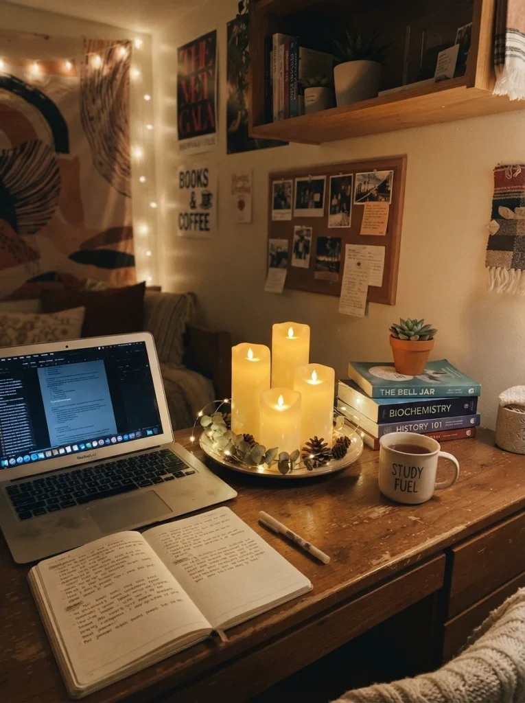 A small cluster of flameless battery candles glowing warmly on a dorm desk, soft flicker effect, cozy compact room styling, evening ambiance, vertical Pinterest photography, warm dorm-friendly tones.