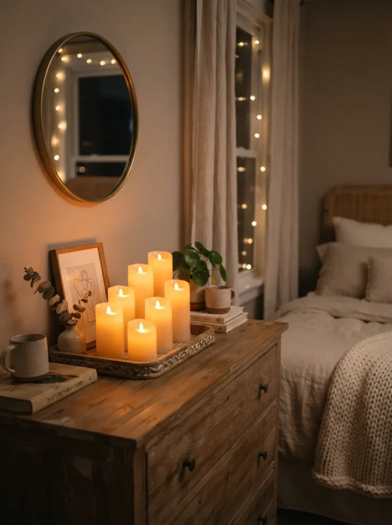 A cluster of flameless battery candles glowing warmly on an apartment dresser, cozy soft flicker, neutral bedroom styling nearby, evening ambiance, vertical Pinterest photography, warm intimate tones.