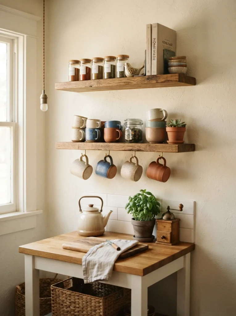 Floating shelves above a small kitchen counter, holding mugs, spices, and a cookbook, warm lighting, vertical Pinterest photography, warm open-storage styling.