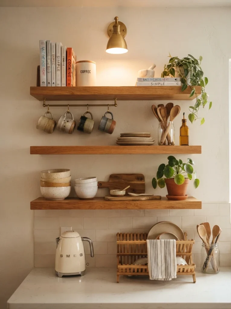 Floating shelves mounted on a blank kitchen wall, holding dishes and everyday items, warm kitchen lighting, vertical Pinterest photography, warm floating-shelf styling.