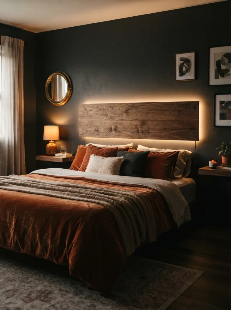 A floating wooden headboard with warm concealed LED backlighting glowing softly around its edges, dark moody bedroom walls, cozy velvet bedding below, evening ambiance, vertical Pinterest photography, warm dramatic halo effect.