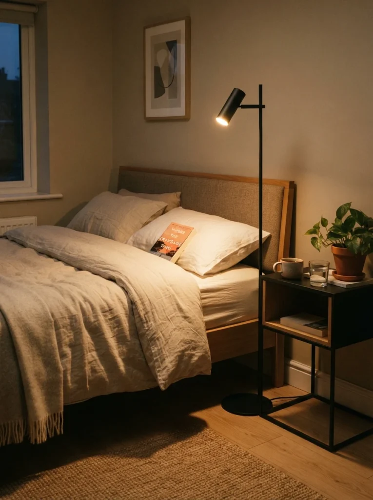 A slim floor lamp with a narrow flat base positioned close beside a bed, warm focused light near the pillow, minimalist open-frame nightstand nearby, evening ambiance, vertical Pinterest photography, warm space-saving styling.