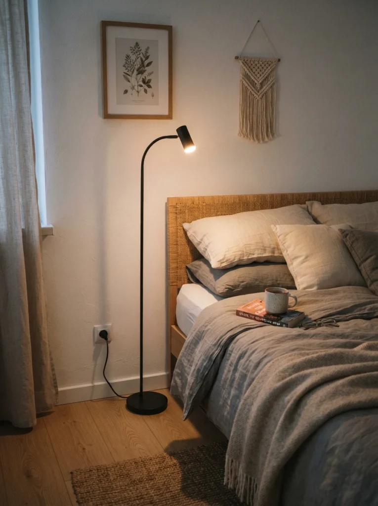 A slim floor lamp pushed against the wall beside a bed, warm reading light near the pillow, no nightstand needed, cozy neutral bedding, evening ambiance, vertical Pinterest photography, warm space-saving styling.