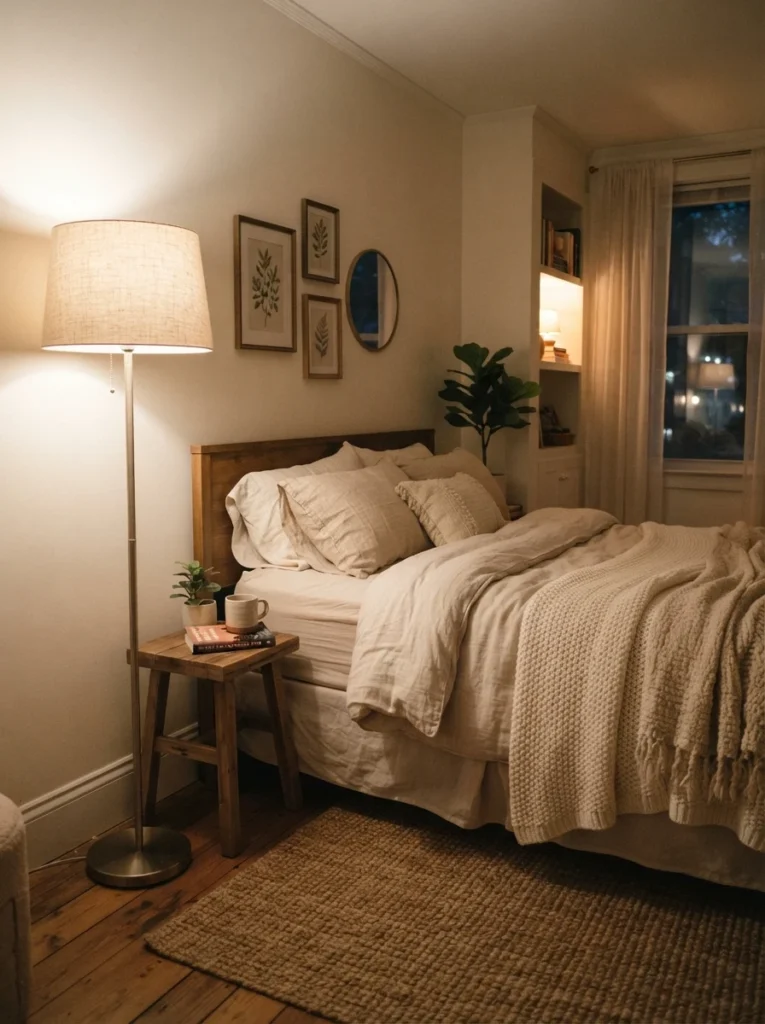 A floor lamp with a light linen fabric shade diffusing a wide soft glow across a small bedroom, cozy warm atmosphere, neutral bedding, evening ambiance, vertical Pinterest photography, warm diffused lighting.