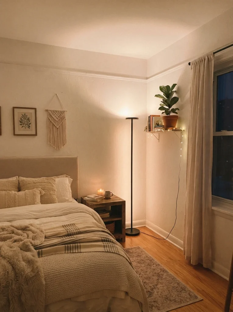 A tall uplighting floor lamp in the corner of a small bedroom, warm light washing upward across a white ceiling, cozy bed nearby, evening ambiance, vertical Pinterest interior photography, warm airy tones.
