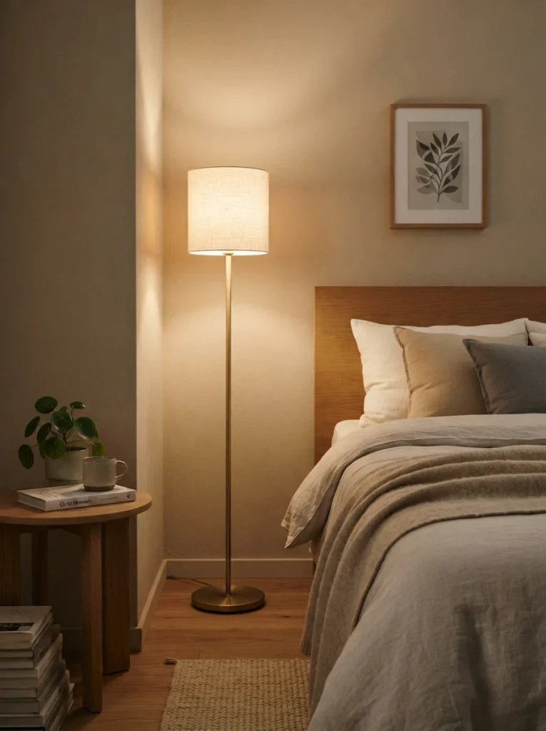 A slim column floor lamp with a minimal circular base standing in the corner of a small bedroom, warm soft glow, cozy neutral bedding nearby, evening ambiance, vertical Pinterest photography, warm minimalist styling.