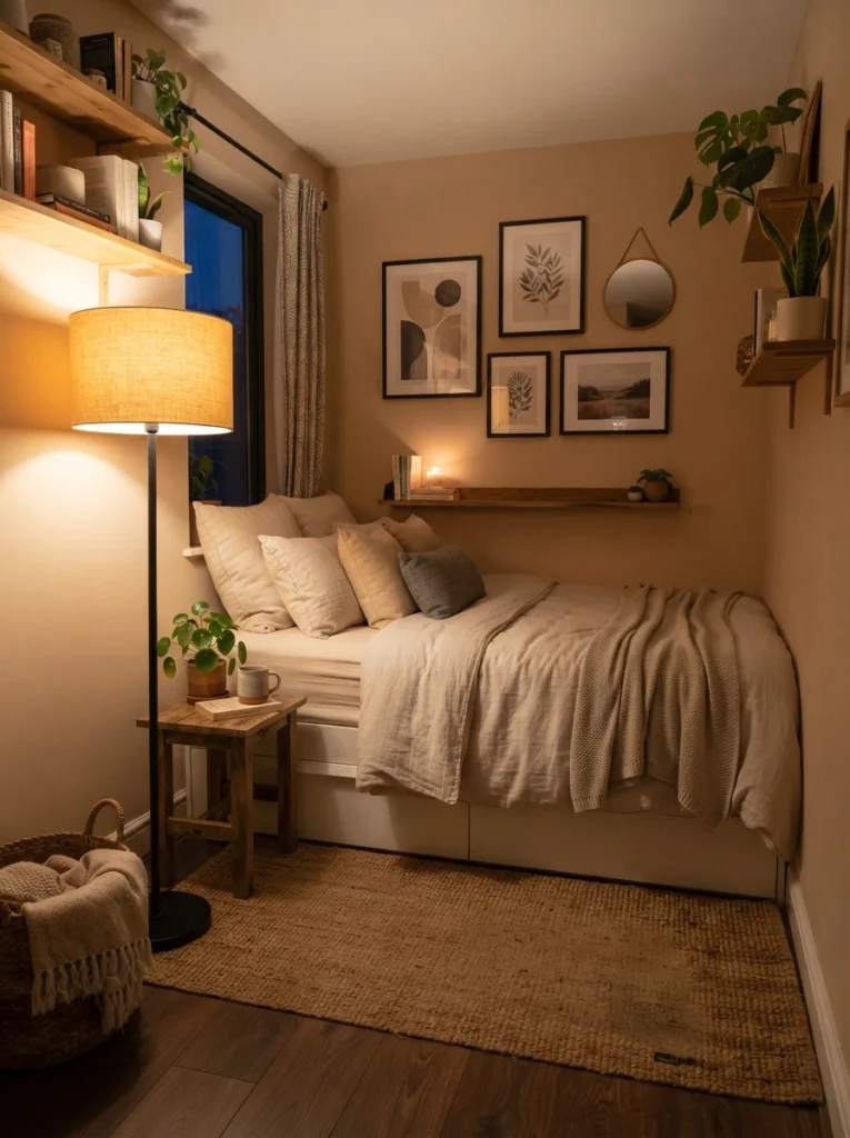 A slim floor lamp positioned with clear open walkway space around its base in a small bedroom, warm glow, cozy neutral bedding nearby, evening ambiance, vertical Pinterest photography, warm functional layout.