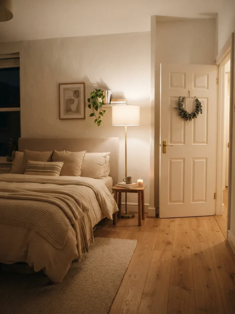 A slim floor lamp positioned in the corner diagonally opposite a bedroom door, warm ambient glow, clear walkway to the door, cozy neutral bed nearby, evening ambiance, vertical Pinterest photography, warm balanced tones.