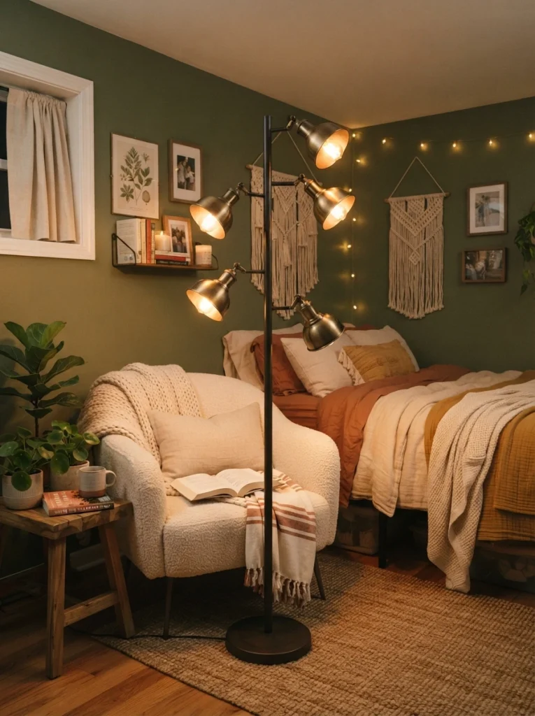 A tree-style floor lamp with multiple adjustable heads in a small bedroom corner, warm light directed toward both a reading chair and the room's center, cozy styling, evening ambiance, vertical Pinterest photography, warm layered tones.