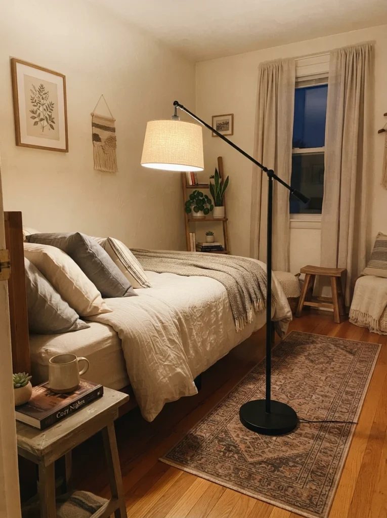 A softly glowing floor lamp appropriately sized for a small cozy bedroom, warm balanced brightness filling the room evenly, neutral bedding, evening ambiance, vertical Pinterest photography, warm proportional lighting.