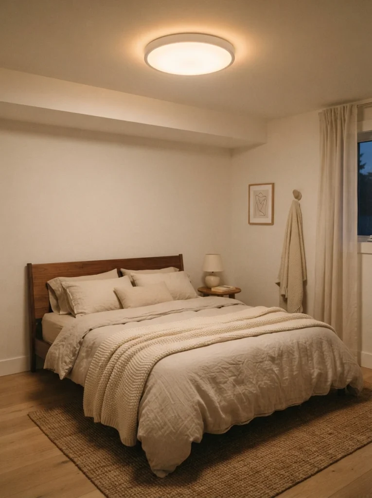 A shallow flush mount ceiling light installed directly against a low bedroom ceiling, warm even glow, cozy neutral bedding below, minimalist styling, evening ambiance, vertical Pinterest photography, warm clean tones.