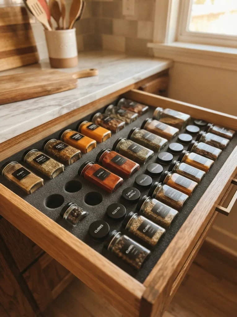 A custom foam insert inside a spice drawer, cut to hold various sized jars snugly, warm kitchen lighting, vertical Pinterest photography, warm DIY styling.