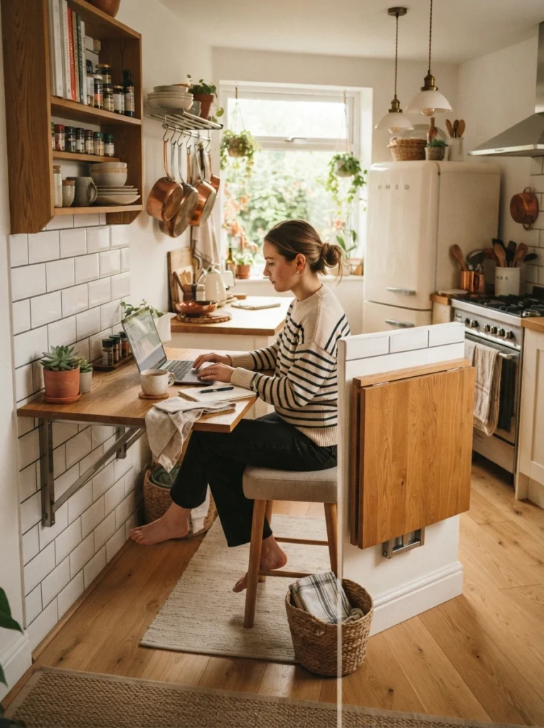 ![A foldable wall-mounted table in a studio kitchen, extended for use and folded flat when not needed, warm kitchen lighting, vertical Pinterest photography, warm fold-out styling.]