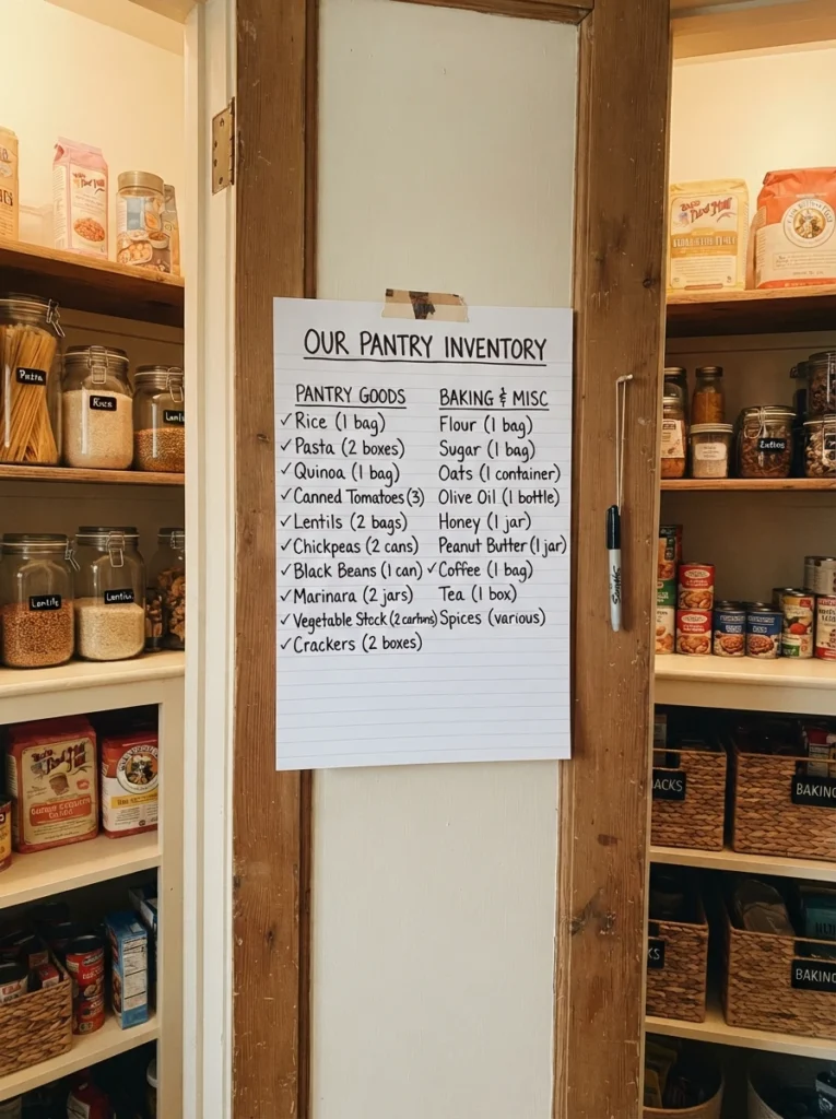 ![A simple running food inventory list posted inside a pantry door, warm kitchen lighting, vertical Pinterest photography, warm inventory-tracking styling.]