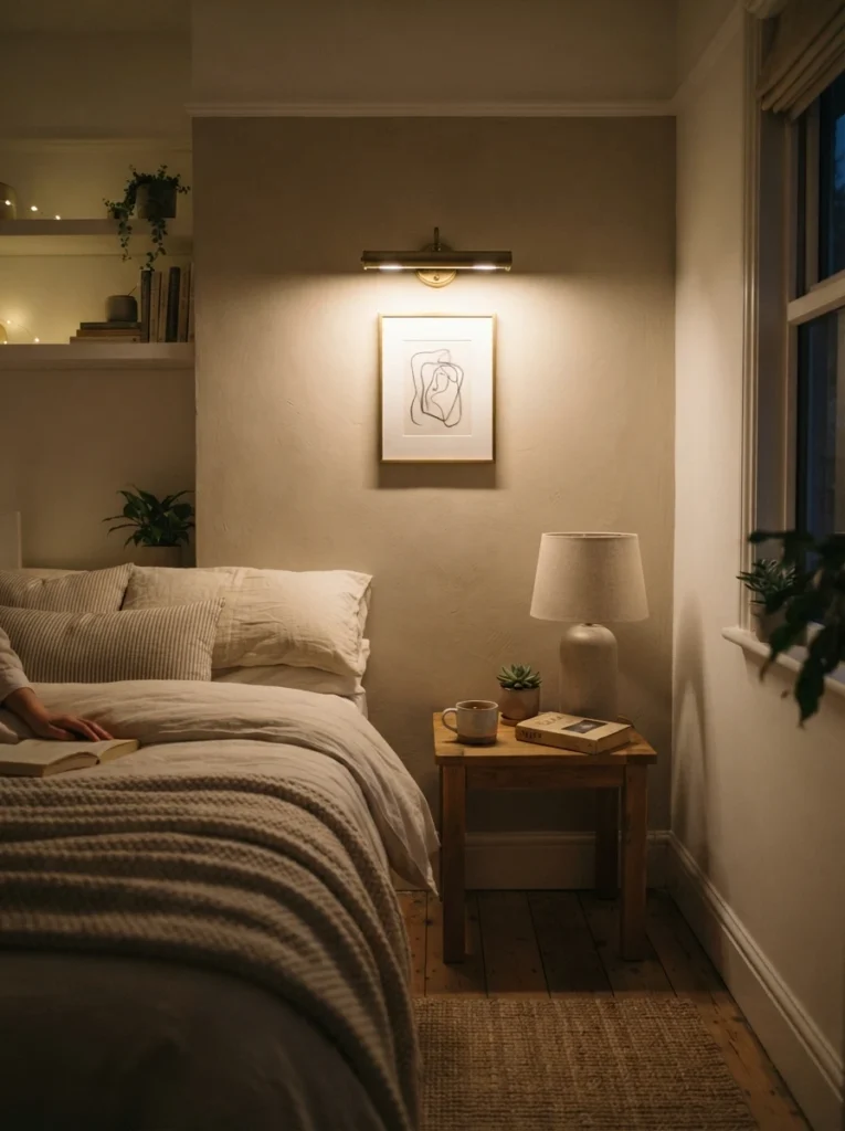 A small framed art print highlighted by a warm picture light in a compact bedroom, soft focused glow drawing the eye, cozy neutral styling, evening ambiance, vertical Pinterest interior photography, warm gallery-style lighting.