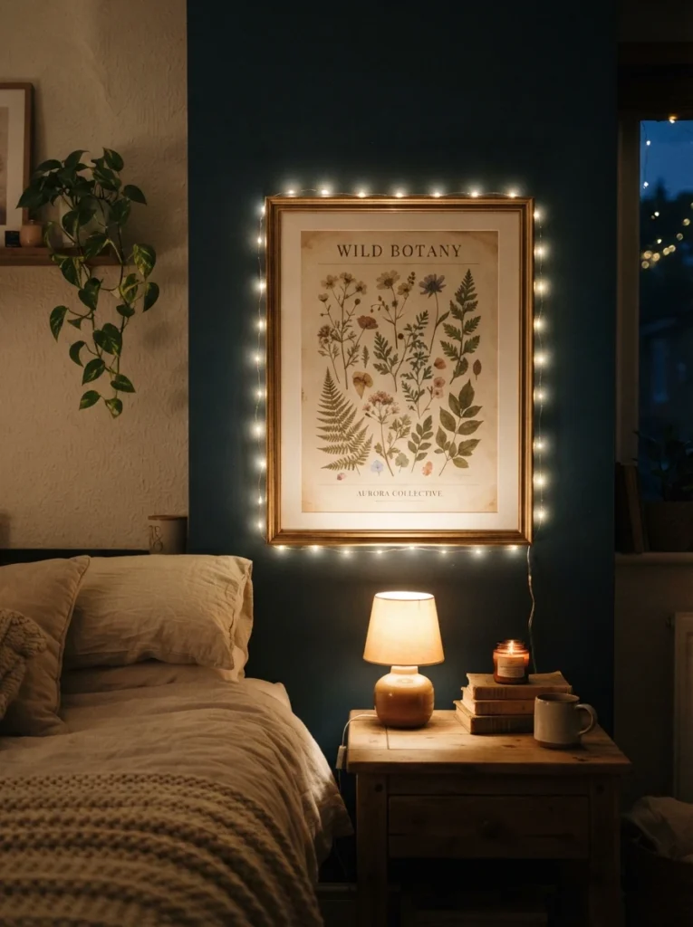 A framed art print outlined neatly with warm fairy lights, soft glow highlighting the artwork's edges, cozy bedroom wall, evening ambiance, vertical Pinterest photography, warm gallery-style lighting.