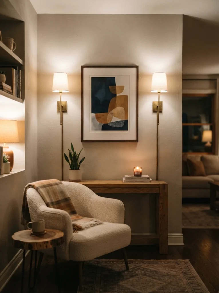 A framed art print flanked by two slim plug-in sconces angled slightly inward, warm light washing across the artwork, soft neutral wall, cozy small living room setting, evening ambiance, vertical Pinterest photography, warm gallery-style lighting.