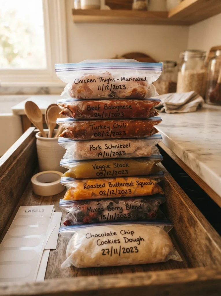 Freezer bags labeled with marker showing contents and date, stacked neatly, warm kitchen lighting, vertical Pinterest photography, warm labeled styling.